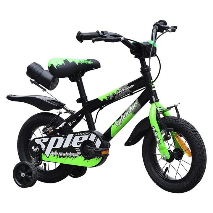 Детски велосипед NOVOKIDS™ Splend'Or Boom PRO Edition, с бутилка за вода, 12" инчови колела, максимум 30 кг, стоманена рамка, подвижни тренировъчни колела, кормило с регулируема височина, зелено с черно