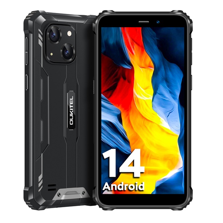 Смартфон OUKITEL WP32 Pro, Отключен, 24GB+256GB/1TB разширяем, 20MP камера, С Android 14, 6.0'' HD, 6300mAh батерия, С две SIM карти 4G, IP68, GPS, OTG, NFC, Wi-Fi, Черен