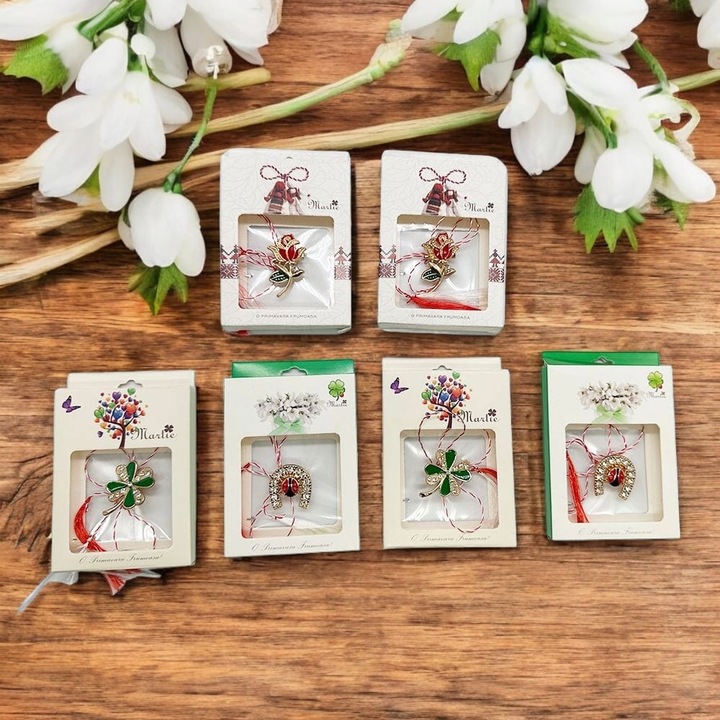 Set de 6 Martisoare tip Brosa, ArtDeluxe, "Primavara cu Noroc", In cutie cu fereastra transparenta, VisionXXI