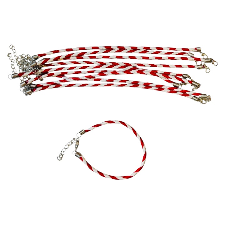 Set 12 Bratari Martisor din Piele Ecologica cu Inchizatoare Reglabila – Model Clasic Impletit Alb-Rosu, Cadou Elegant de 1 Martie