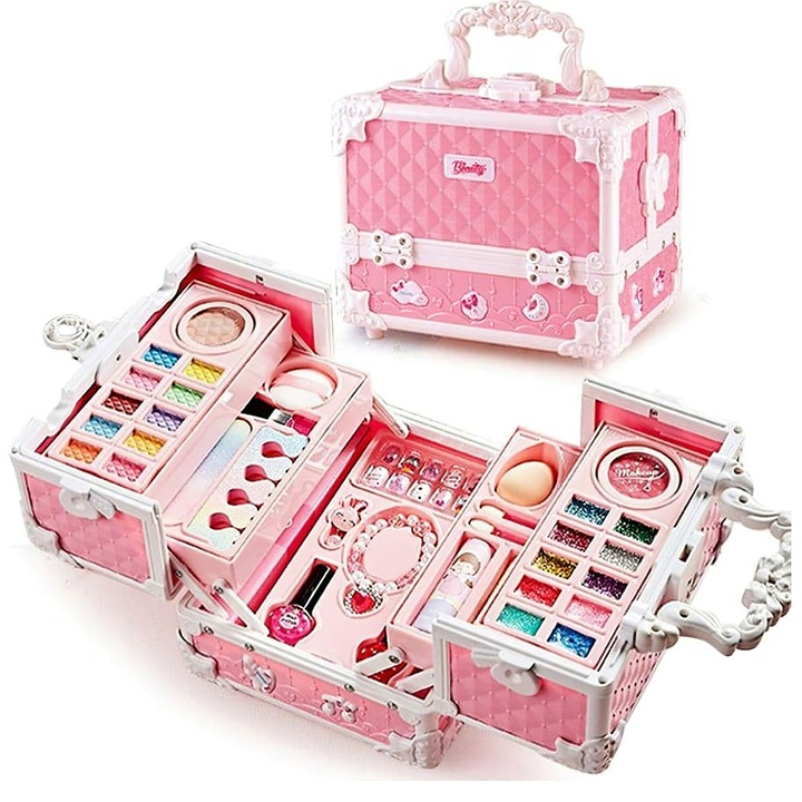 Kidprotect® Make Up Doll gyermek sminkkészlet, 49 darab, szemhéjpúder, körömlakk, műköröm, szivacs, körömreszelő, szemhéjfesték, rúzs, nem mérgező, vízben oldódó, nem irritáló, lányoknak 3, 4, 5, 6, 7, 8, 9 évesek
