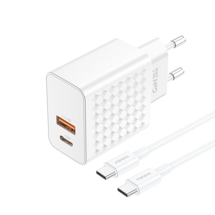 Foneng EU42 GaN gyorstöltő, 20 W, PD + QC 3.0, USB + USB-C port, USB-C-USB-C kábel mellékelve, fehér