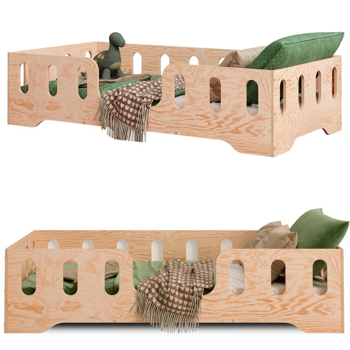 Pat copii 160x80 din lemn natural de pin cu bariera de siguranta si cadru cu lamele cu o capacitate de incarcare de pana la 230 kg – Patut copii Montessori TILA 2 pentru baieti si fete – Smartwood