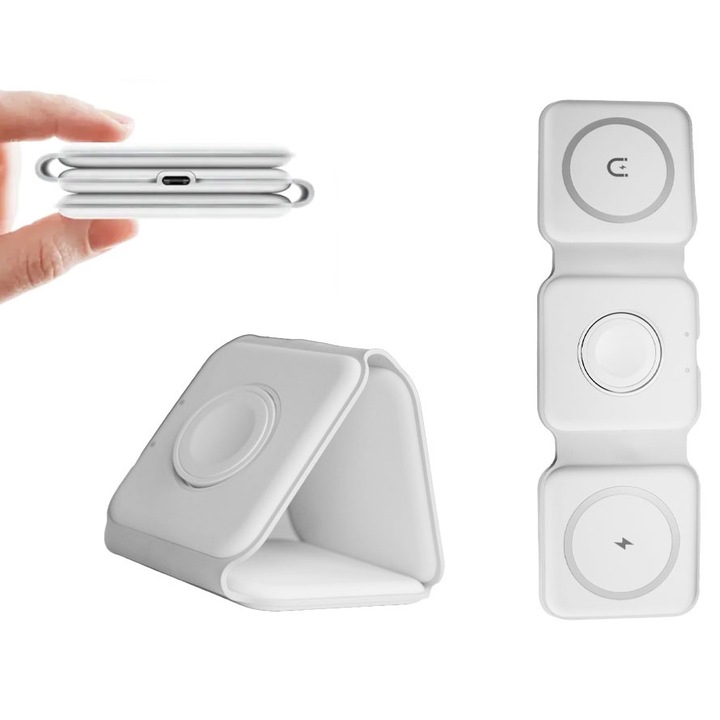 Incarcator Wireless Pliabil, Design Compact, Magnetic, Portabil, Alb, Fast Charger 3 in 1 pentru Telefon, Casti, Smartwatch, Compatibil iPhone, Samsung, Huawei, Xiaomi, Apple Watch Serii 2-10, AirPods 2/3/Pro