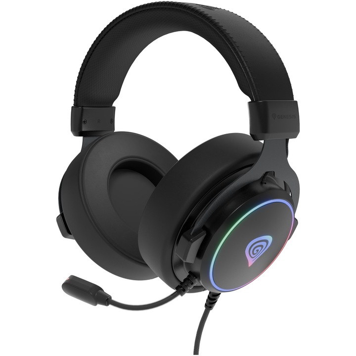 Слушалки Gaming с кабел Genesis NEON 764, Over-Ear, Virtual 7.1, Стерео, 50 мм драйвер, Динамичен всепосочен микрофон, Контрол на силата на звука, Mute, EQ, LED на кабела, 2,2 м кабел, PC съвместим, USB-A, Черен