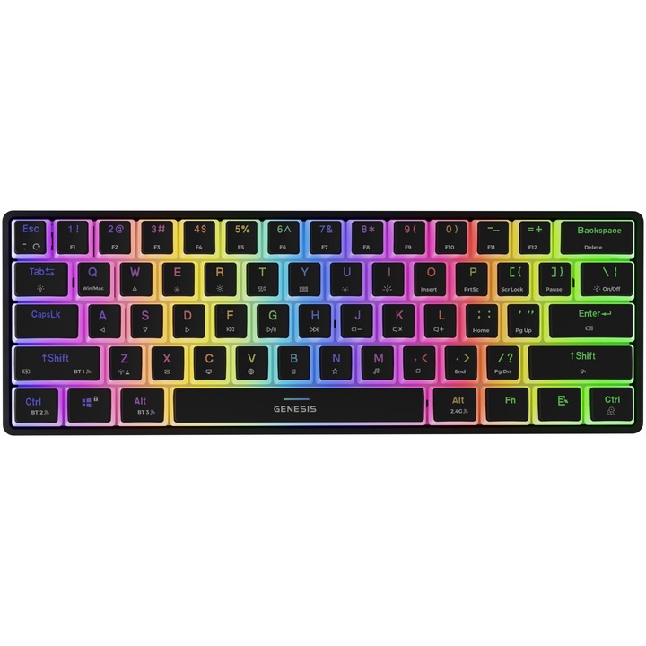 Безжична механична клавиатура Gaming Genesis THOR 660 G2, Превключвател GATERON RED, Bluetooth, FULL Anti-Ghosting, RGB LED осветени клавиши, Bluetooth, 2,4 GHz, USB, Черен