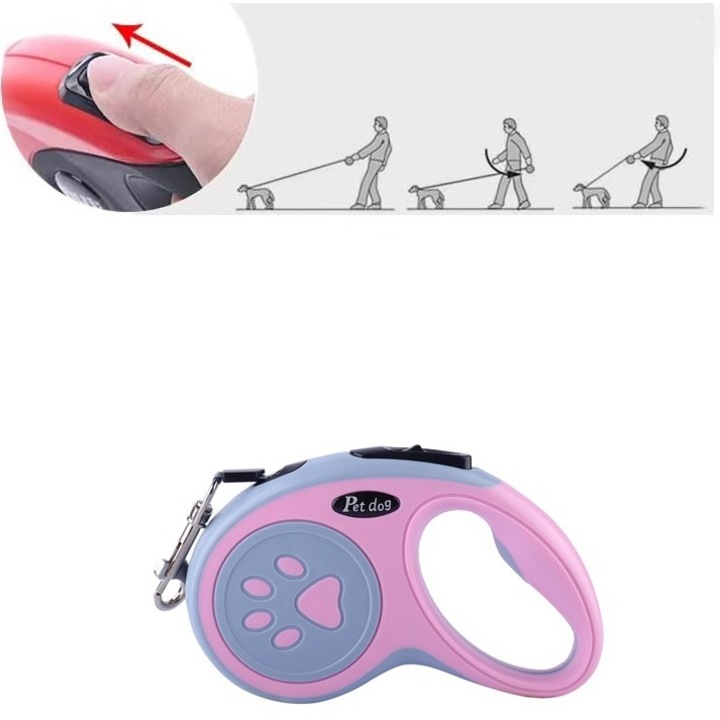Behúzható póráz kutyáknak vagy macskáknak, 5 méter hosszú, maximális súly 20 kg, automatikus behúzható póráz stop gombbal, SOHO kiskutya, rózsaszín