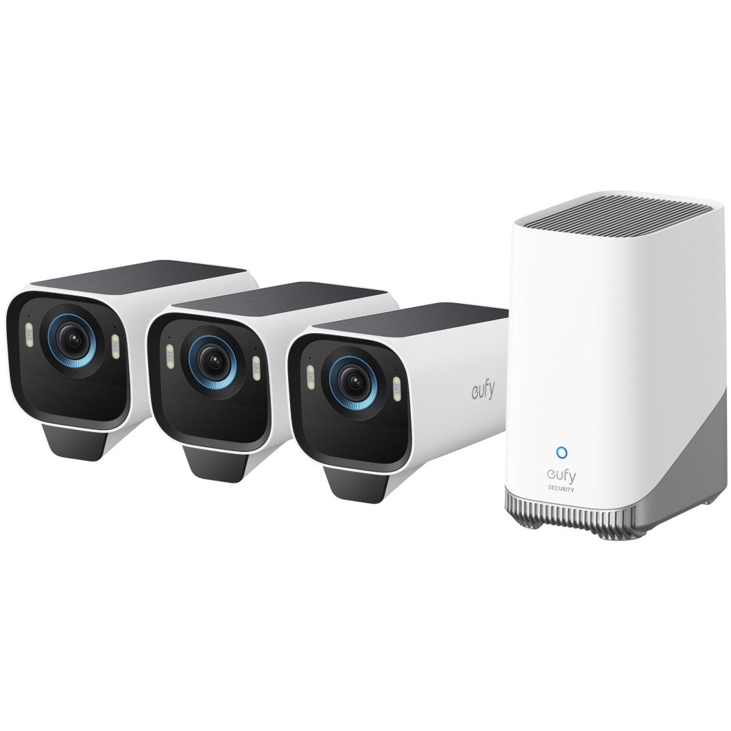 Sistem de supraveghere wireless eufyCam S3 Pro HomeBase 3 cu 3 camere eufy S3 Pro, 8MP, 4K UHD 3840x2160, Max Color Night Vision, Panou Solar Integrat, AI Face Recognition, Smart D