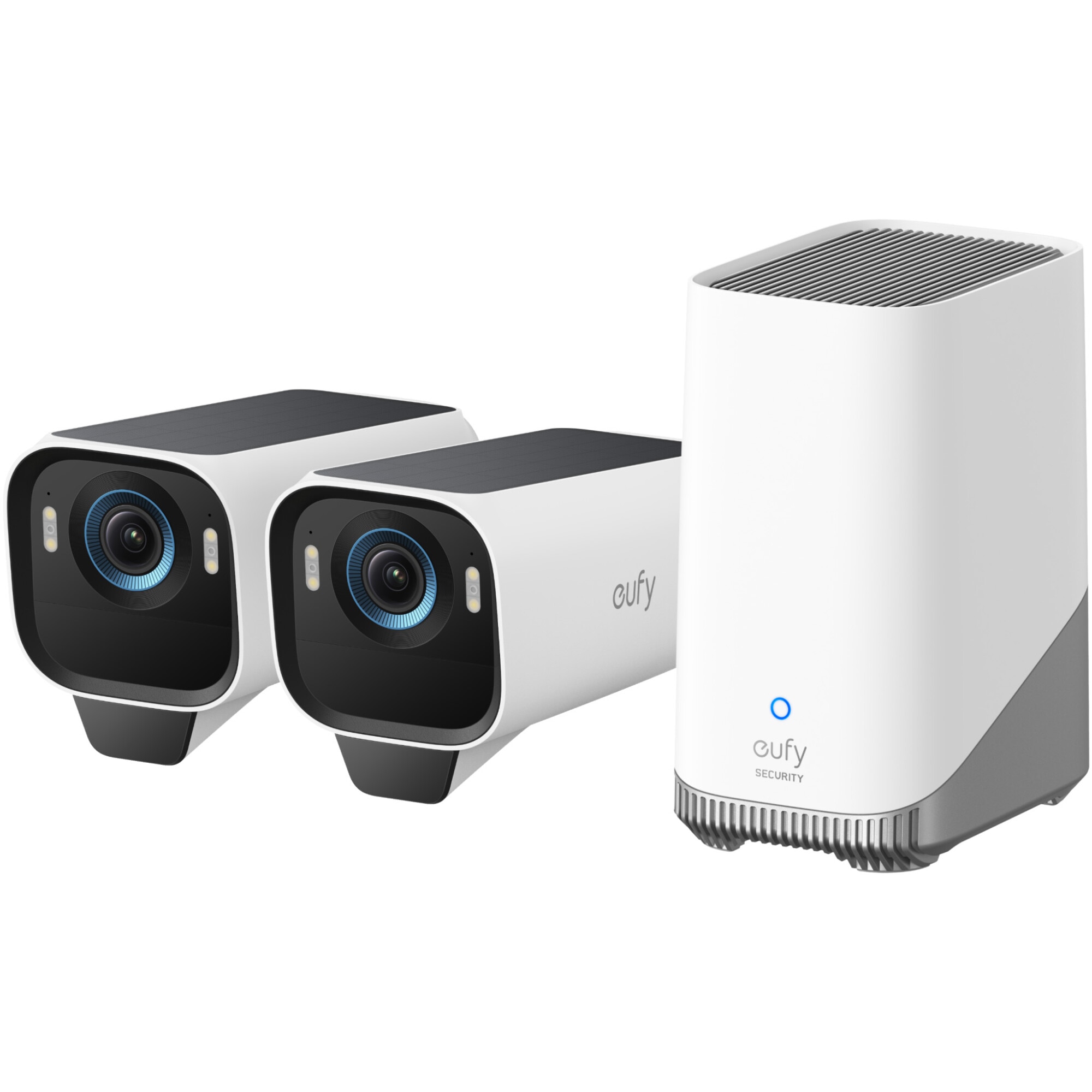 Sistem de supraveghere wireless eufyCam S3 Pro HomeBase 3 cu 2 camere eufy S3 Pro, 8MP, 4K UHD 3840x2160, Max Color Night Vision, Panou Solar Integrat, AI Face Recognition, Smart D