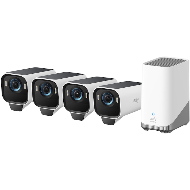 Безжична система за наблюдение eufyCam S3 Pro HomeBase 3 с 4 камери eufy S3 Pro, 8MP, 4K UHD 3840x2160, Максимално цветно нощно виждане, Интегриран слънчев панел, AI лицево разпознаване, Интелигентно откриване, Двупосочно аудио, Аларма