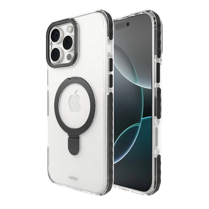 iPhone 16 Pro tok, Vetter, Clip-On Silk sorozat összecsukható állvánnyal, MagSafe kompatibilis, átlátszó feketével