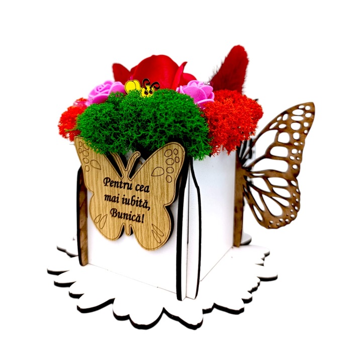 Cutie decorativa, cadou personalizat cu licheni stabilizati si trandafiri, fluture cu mesaj standard pentru "Cea mai iubita Bunica!", 7x7cm, alba