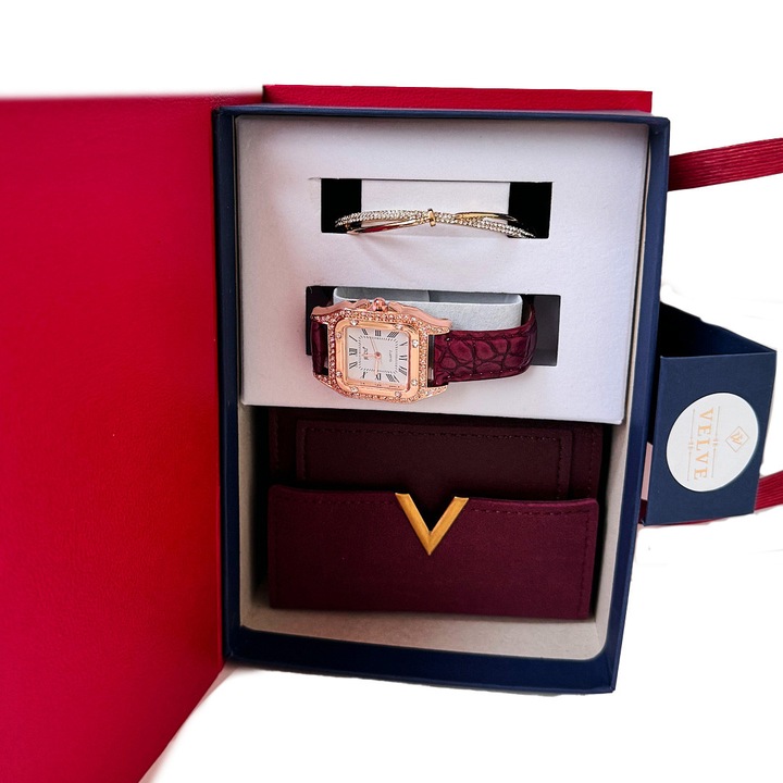 JESOU COLLECTION női ajándék szett, doboz három praktikus elemmel, női óra, pénztárca és karkötő 19x14cm, Burgundy, Velve