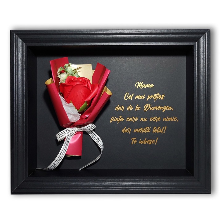 Tablou 3D pentru mama cu buchet cu trandafir din sapun, ziua mamei, 8 Martie, rama neagra 23x28cm, trandafir rosu si fundal negru