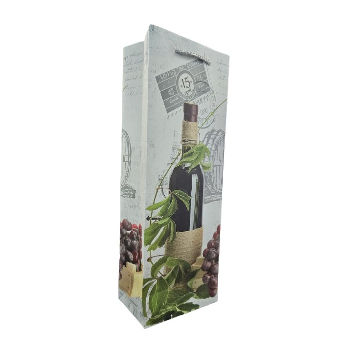 Punga cadou, pentru sticla de vin, 12.8x36x8.4CM, manere satinate rezistente, model sticla vin si vita de vie