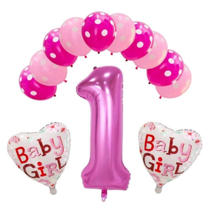 Комплект от 13 балона, за първа годишнина, 10 латексови балона, 2 фолиеви балона сърце, номер 1, Розов