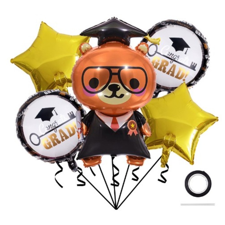 Тематични балони за дипломиране, Flippy, комплект от 5 балона, 1 фигурка на плюшено мече, 2 звезди, 2 кръгли, изработени от алуминиево фолио, 70 x 40 см, въздух и хелий, черно злато