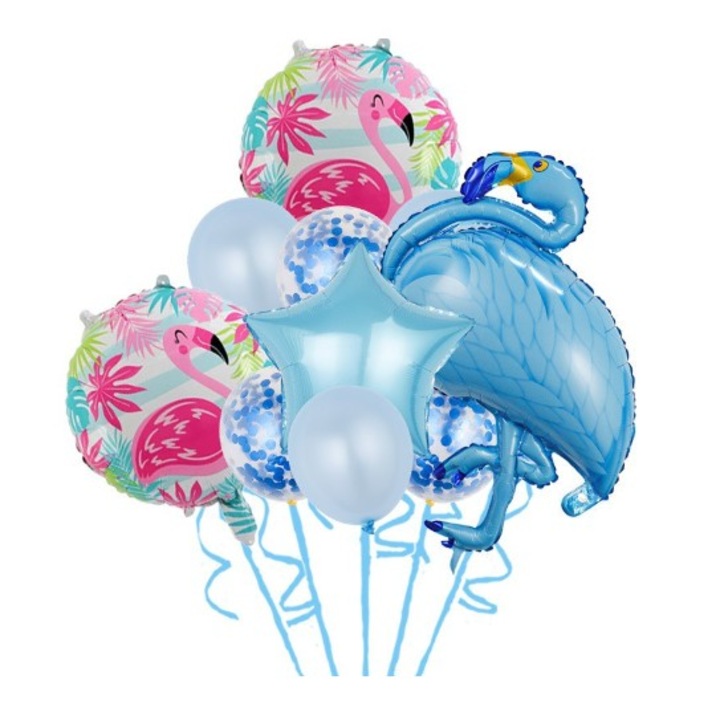 Комплект балони за парти за рожден ден, Flippy, алуминиево фолио и латекс, комплект от 10 парти балона Flamigo, 1 звезда, 5 латексови балона, 2 кръгли, 60 -90 см, син