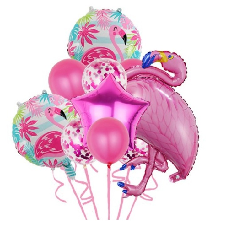 Парти балони за рожден ден, Flippy, алуминиево фолио и латекс, комплект от 10 парти балона Flamigo, 1 звезда, 5 латексови балона, 2 кръгли, 60 -90 см, розови