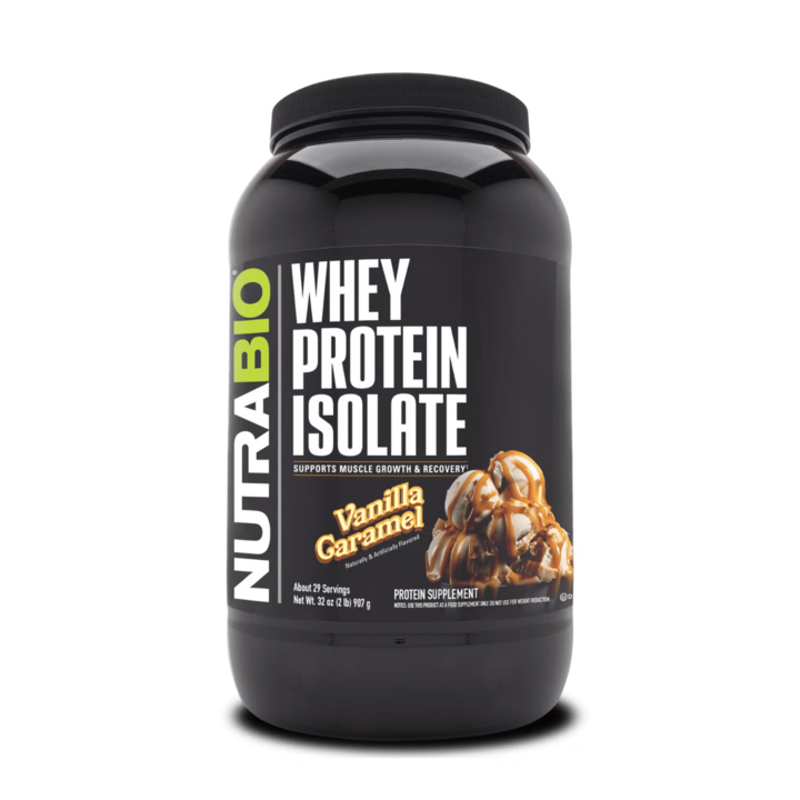 Izolat de Proteină din Zer NutraBio Vanilla Caramel, 907 g, fără aditivi, pulbere