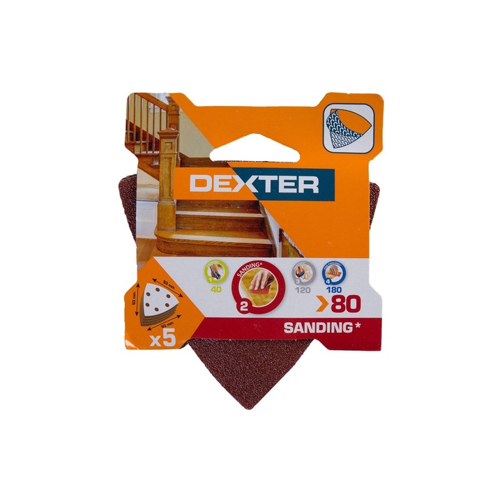 Абразивна лента Dexter, за триъгълна шлайфмашина, 93 х 93 мм, зърненост 80 (комплект от 5 броя)