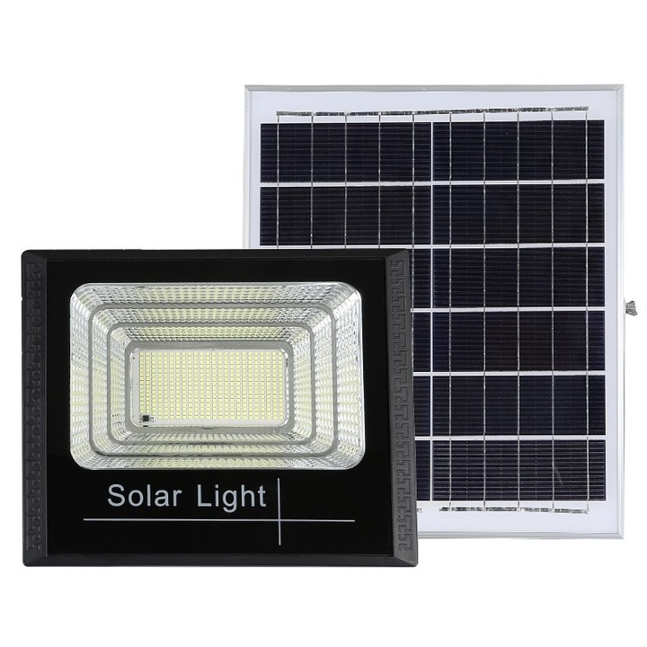 Proiector LED SMD 25W cu incarcare solara, panou solar, cu telecomanda, suport prindere, material ABS, 1.2AH, 44 LED-uri, 79Lm, 13x13.5 cm, negru