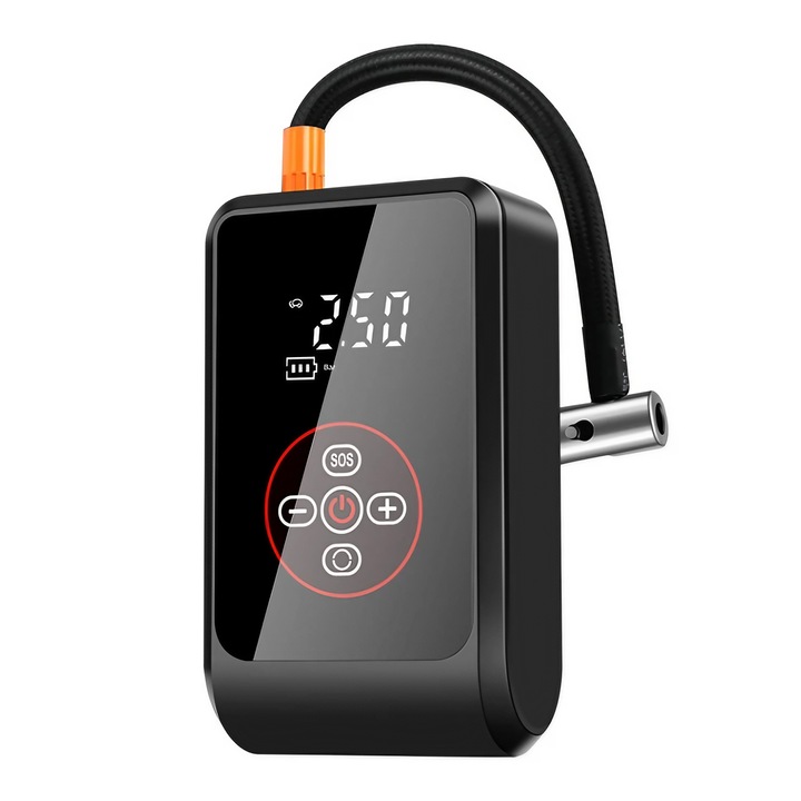 Autós kompresszor, 3 az 1-ben, hordozható, vezeték nélküli, LED digitális kijelző, 40 l/perc, Pmax 10,3 bar/150 PSI, automatikus kikapcsolás, mesterséges intelligencia chip, tápegység, 2000 mAh, 12 V autókábel, SOS LED jellámpa, USB táp, tárolótok, fekete