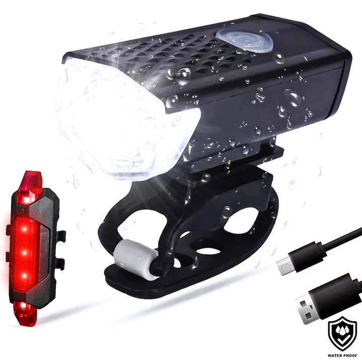 Set Lumini Bicicleta LED, Far si Stop Reincarcabile USB, 3 Moduri, Impermeabil IP65, Lumina Puternica