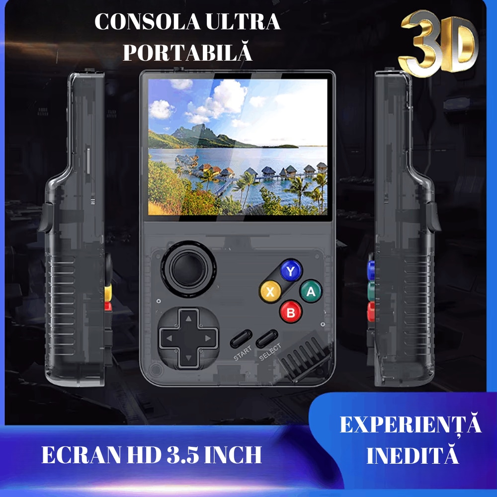 Consola portabila PRODYS, + 20.000 jocuri, God of War, GTA: Vice City Stories, PES, se poate conecta la TV, ecran HD 3.5 inch, stocare 64 GB, rezolutie 640x480, 3000 mAH, suporta 26 de emulatoare