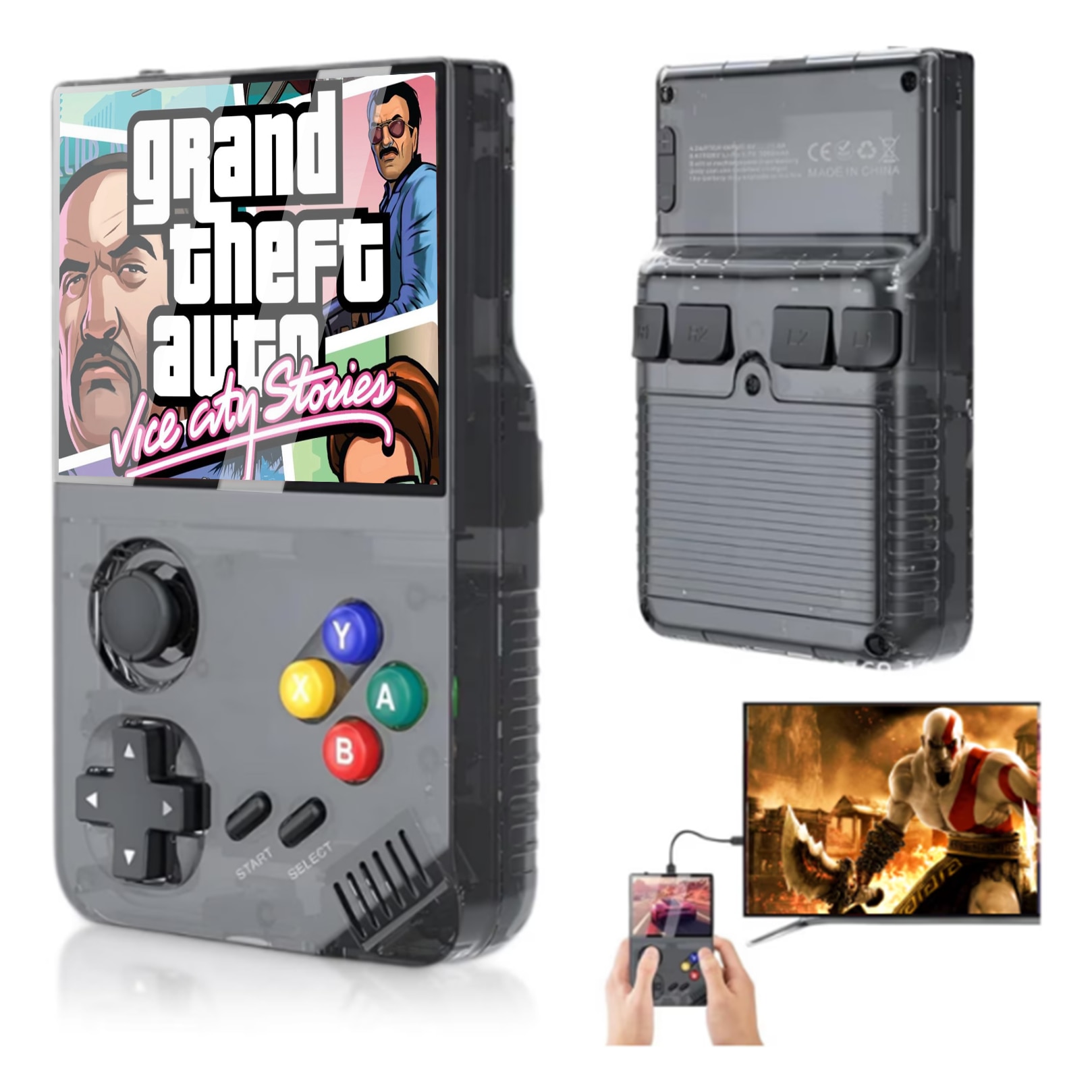 Consola portabila PRODYS, + 20.000 jocuri, God of War, GTA: Vice City Stories, PES, se poate conecta la TV, ecran HD 3.5 inch, stocare 64 GB, rezolutie 640x480, 3000 mAH, suporta 26 de emulatoare
