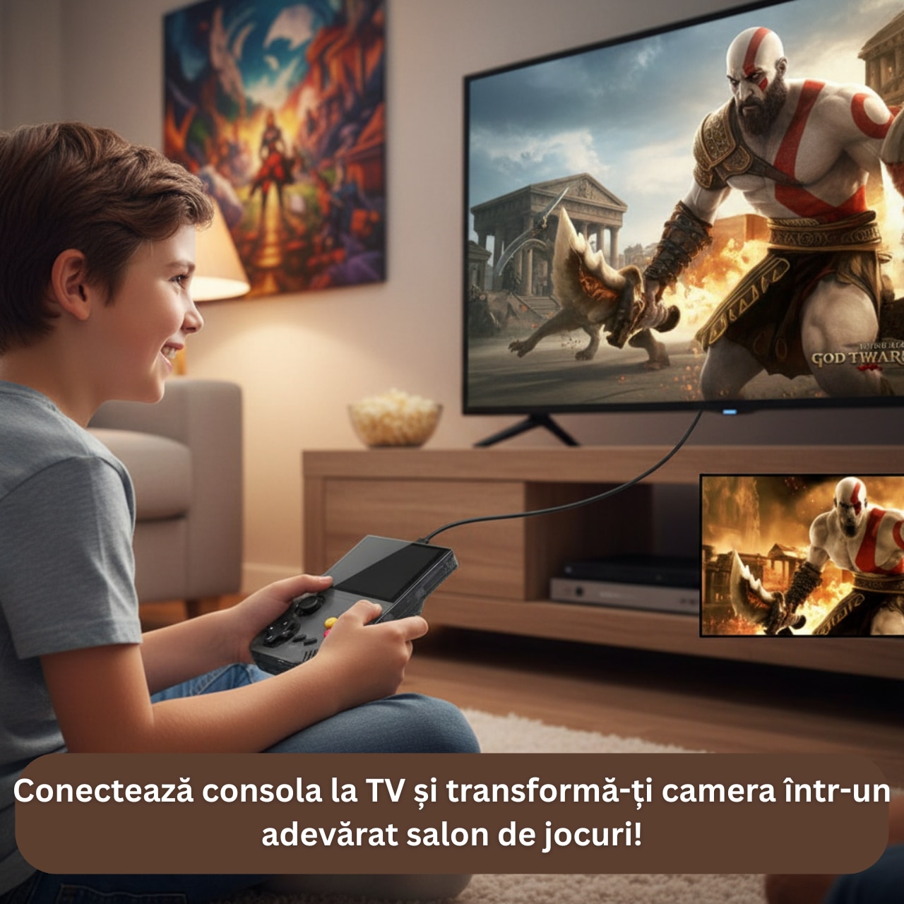 Consola portabila PRODYS, + 20.000 jocuri, God of War, GTA: Vice City Stories, PES, se poate conecta la TV, ecran HD 3.5 inch, stocare 64 GB, rezolutie 640x480, 3000 mAH, suporta 26 de emulatoare