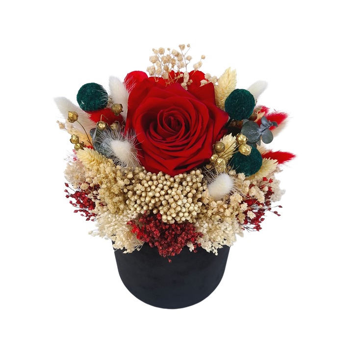 Aranjament floral cu trandafir criogenat premium si flori criogenate/uscate in cutie de catifea, Rosu