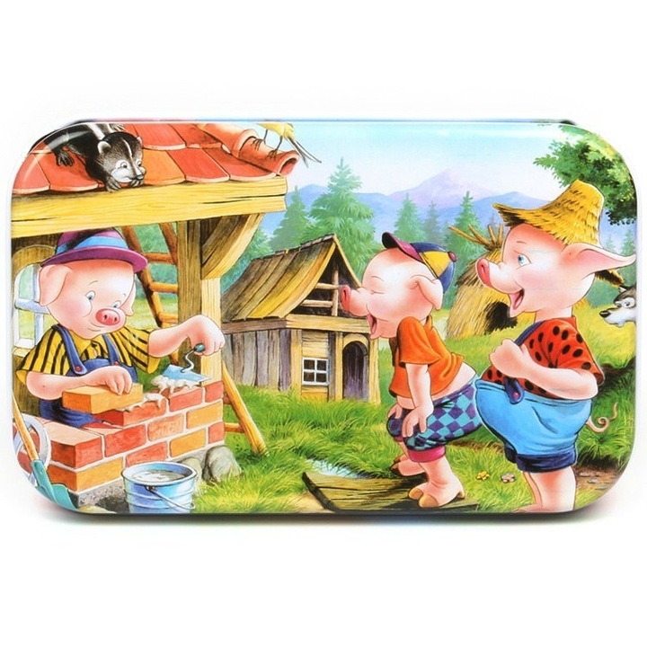 Puzzle 60 de piese din lemn in cutie metalica, model cei trei purcelusi, educativ, dezvoltare abilitati cognitive, pentru prescolari, 22.5 x 13.5 cm, multicolor