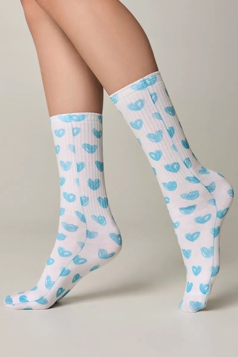 Забавни чорапи, с принт сърца, Conte Fantasy 558, Бял/Тюркоаз, 36-39