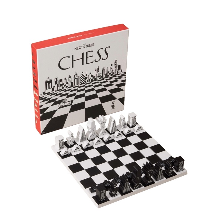 Joc de sah editie limitata Printworks x The New Yorker, Chess NY, tabla de sah clasica 35 x 35 cm, cutie de prezentare eleganta, material lemn, ideal cadou, negru/alb