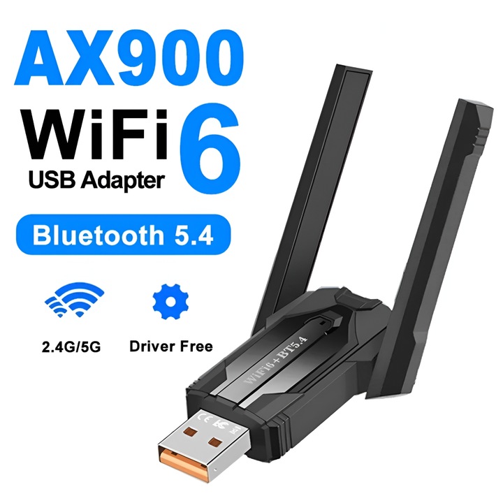 WIFI6 + Bluetooth 5.4 BLE/EDR адаптер, двулентов 2.4/5G, 900Mbps, Windows, Linux съвместим, без драйвери, WPA/WPA2/WPA3, Mu-MIMO