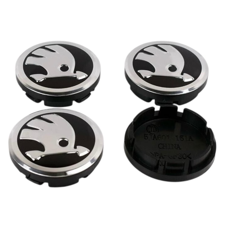 Set 4 capace 56mm, SKODA, Negru-Argintiu, pentru jante aliaj