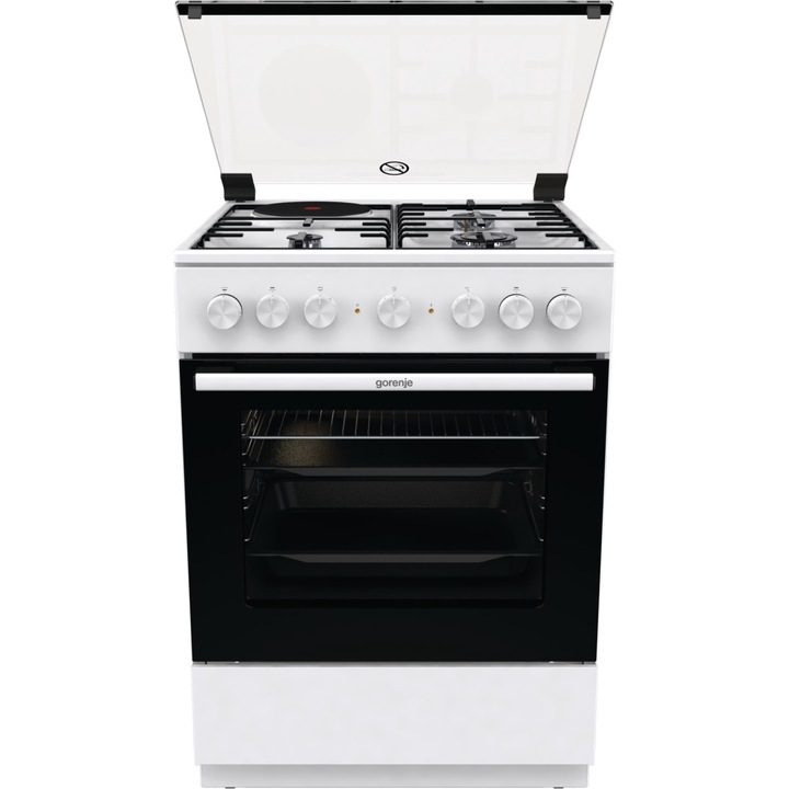 Газова печка Gorenje GK6B41WD 3 газови котлона (1 много голяма горелка) +1 бърз електрически котлон, ширина 60 см, електрическа фурна с готвене с пара, Airfry, бяла