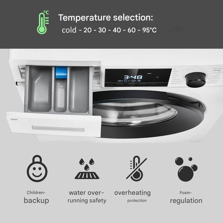 Masina de spalat rufe Bomann, WA7111W, capacitate 10 kg, clasa A, 16 programe, consum redus, 1400 rpm, afisaj LED, 6 trepte temperatura, protectie la preaplin, control electronic al balansului, pornire intarziata, control spuma, semnal acustic, alb