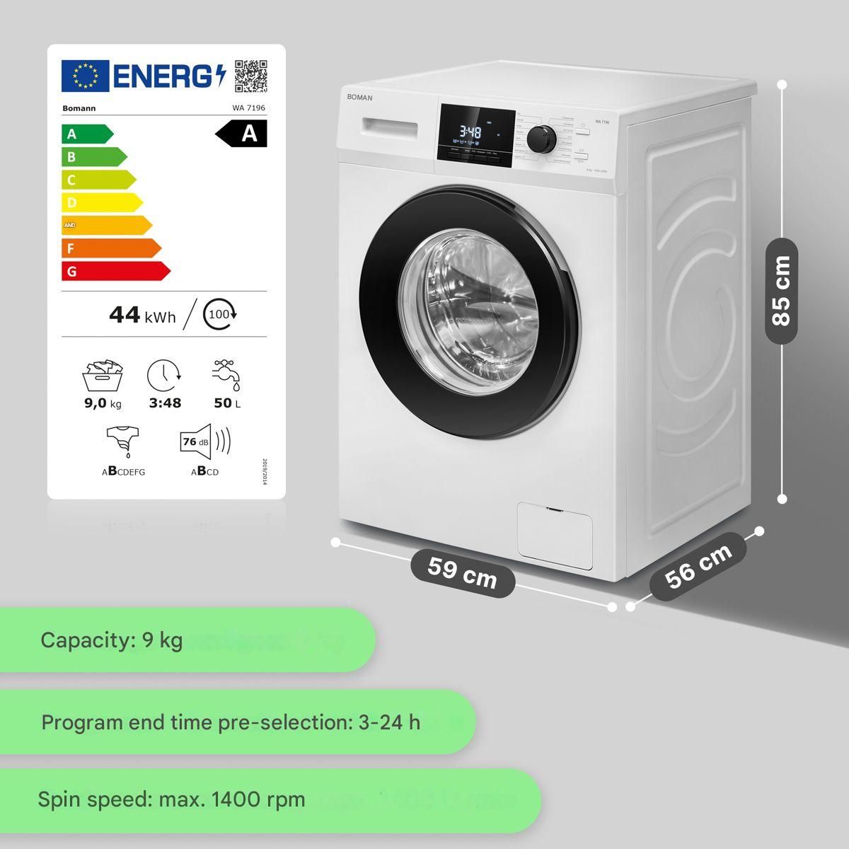 Masina de spalat rufe Bomann, WA7196W, capacitate 9 kg, clasa energetica A, 16 programe, 1400 rpm, 6 trepte de temperatura, protectie anti-blocare pompa, Child Lock, spalare si clatire suplimentare, optiune de auto-curatare a tamburului, alb