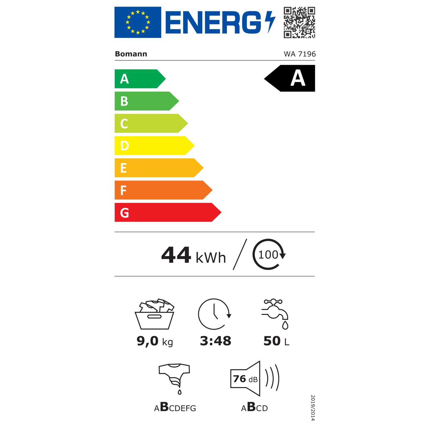 Masina de spalat rufe Bomann, WA7196W, capacitate 9 kg, clasa energetica A, 16 programe, 1400 rpm, 6 trepte de temperatura, protectie anti-blocare pompa, Child Lock, spalare si clatire suplimentare, optiune de auto-curatare a tamburului, alb