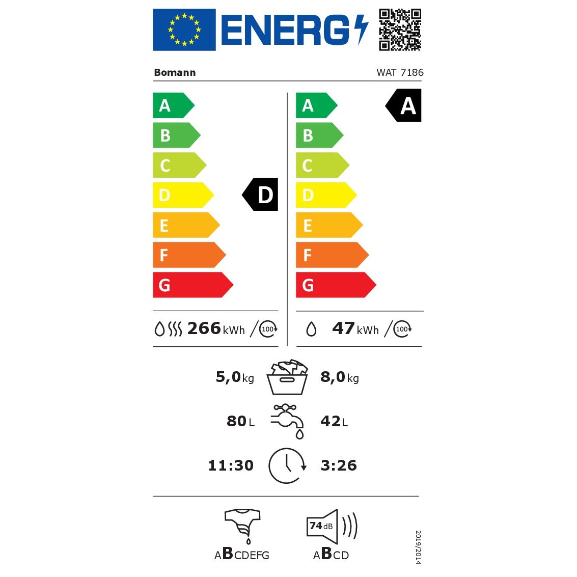 Masina de spalat rufe Bomann, WAT7186W, cu uscator, capacitate 8kg, clasa A, 12 programe prestabilite + 3 programe uscare, 1400 rpm, afisaj LED, 6 trepte temperatura, protectie la preaplin, pornire intarziata, control spuma, control balans cuva, alb