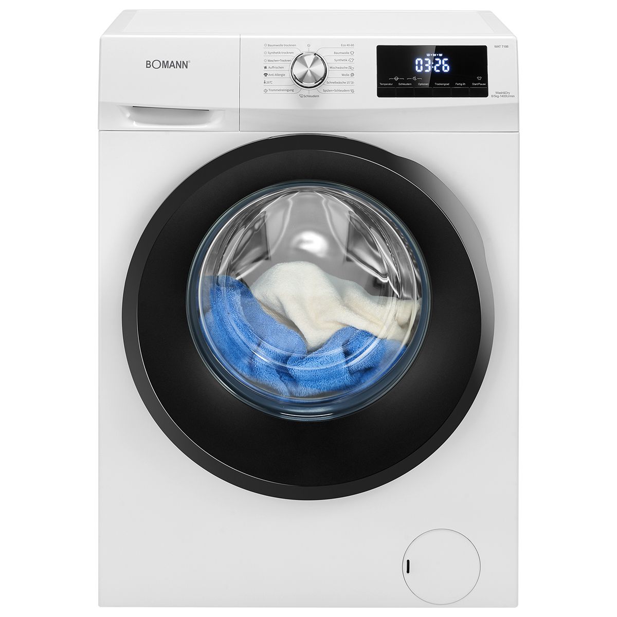 Masina de spalat rufe Bomann, WAT7186W, cu uscator, capacitate 8kg, clasa A, 12 programe prestabilite + 3 programe uscare, 1400 rpm, afisaj LED, 6 trepte temperatura, protectie la preaplin, pornire intarziata, control spuma, control balans cuva, alb