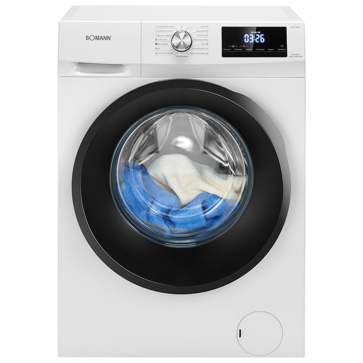 Пералня Bomann, WAT7186W, със сушилня, капацитет 8 кг, клас А, 12 предварително зададени програми + 3 програми за сушене, 1400 об/мин, LED дисплей, 6 температ настройки, защита от преливане, отл. старт, контрол на пяната, контрол на баланса на ваната, бял