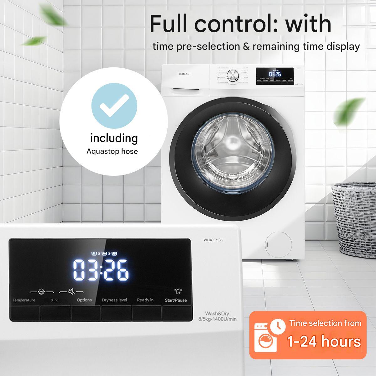 Masina de spalat rufe Bomann, WAT7186W, cu uscator, capacitate 8kg, clasa A, 12 programe prestabilite + 3 programe uscare, 1400 rpm, afisaj LED, 6 trepte temperatura, protectie la preaplin, pornire intarziata, control spuma, control balans cuva, alb
