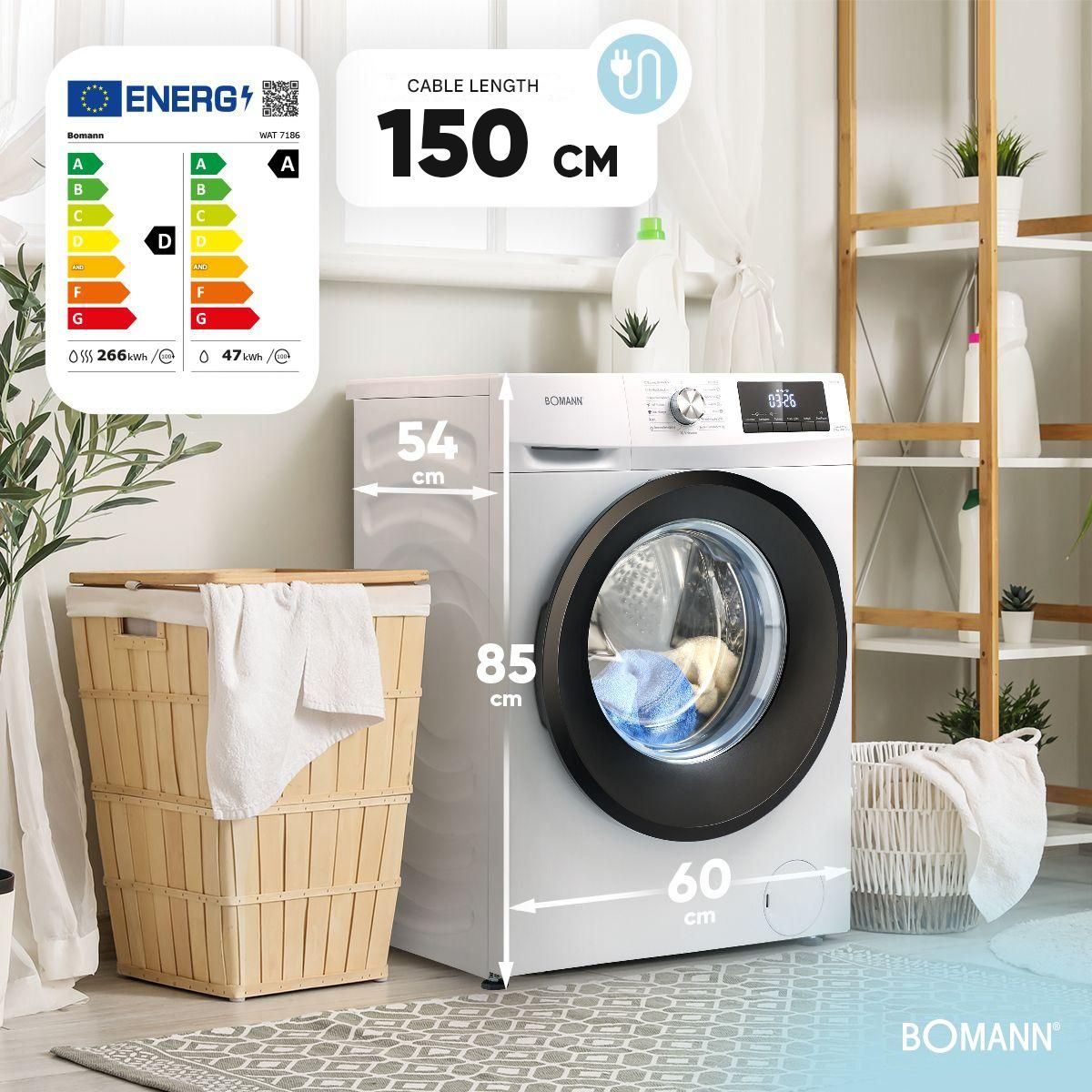 Masina de spalat rufe Bomann, WAT7186W, cu uscator, capacitate 8kg, clasa A, 12 programe prestabilite + 3 programe uscare, 1400 rpm, afisaj LED, 6 trepte temperatura, protectie la preaplin, pornire intarziata, control spuma, control balans cuva, alb