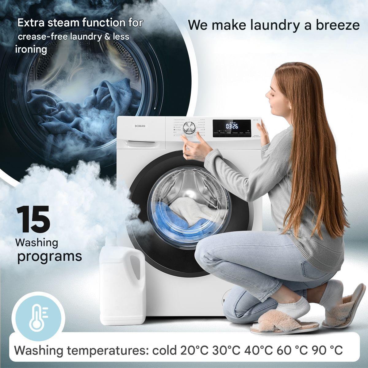 Masina de spalat rufe Bomann, WAT7186W, cu uscator, capacitate 8kg, clasa A, 12 programe prestabilite + 3 programe uscare, 1400 rpm, afisaj LED, 6 trepte temperatura, protectie la preaplin, pornire intarziata, control spuma, control balans cuva, alb