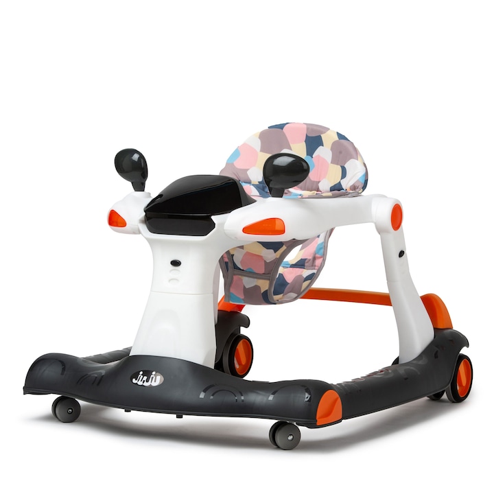 Premergator 2 in 1 Juju Happy Wheels, reglabil, pliabil, de la 6-18 luni, greutate max 12 kg, functie de antemergator, panou interactiv cu jucarie muzicala si lumini, roti ajustabile