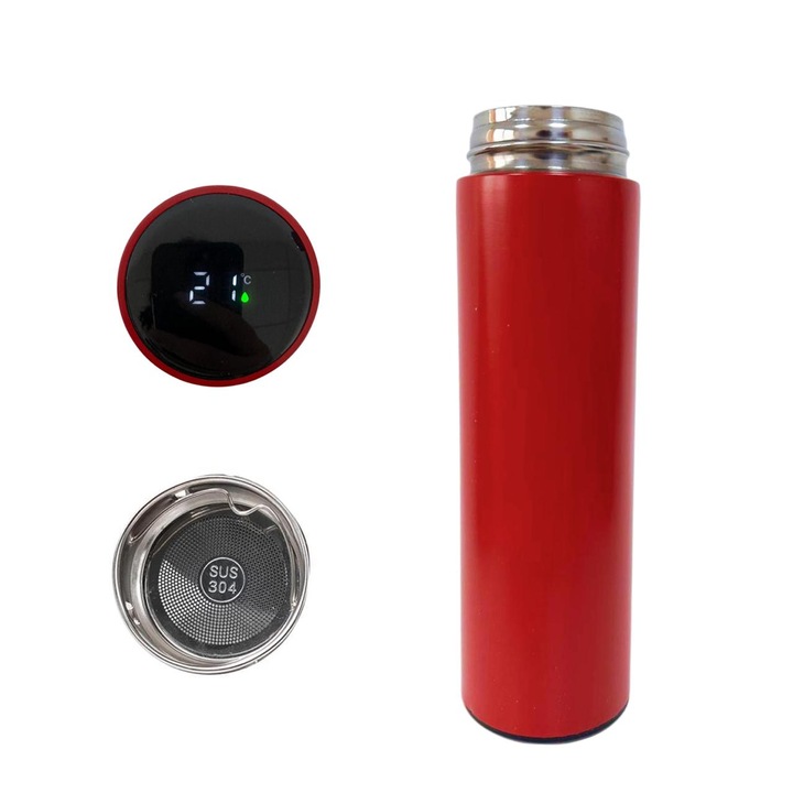 Termos smart cu afisaj LED temperatura, 500 ml, Otel inoxidabil, Calitate Premium, Inteligent, 22, 5 x 6, 5 cm, Mentine bauturile calde pana la 6 ore, rosu inchis, HAPPY JOKER®