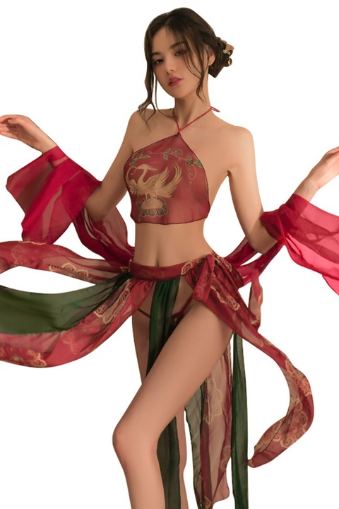 Lenjerie sexy, set 4 piese, sutien semitransparent, fusta cu crapaturi, cover si chilot decupaj tanga, model provocator, tematica nopti salbatice cu gheise gingase, marime universala, rosu cu verde, EFAYN
